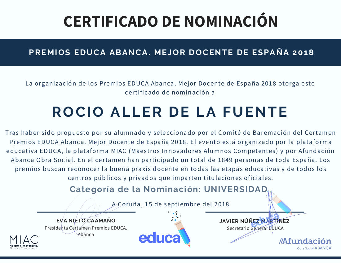 Certificado de nomación Rocio de la Fuente - Premios Educa Abanca Mejor docente de España 2018